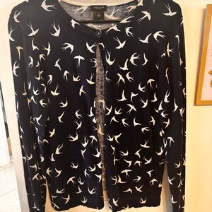 Ann Taylor Factory Navy Cardigan with Cream Bird Design